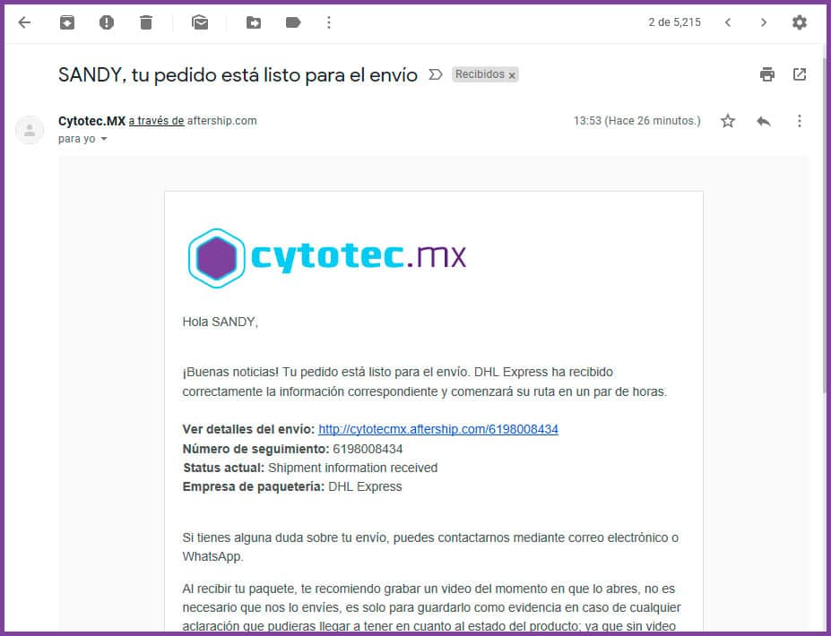 Notificación de envío Cytotec Mexico - www.cytotec.mx