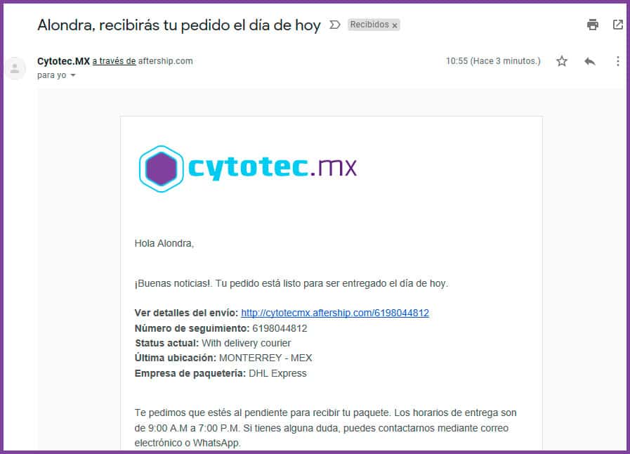 Notificación de paquete en ruta de entrega - Cytotec México